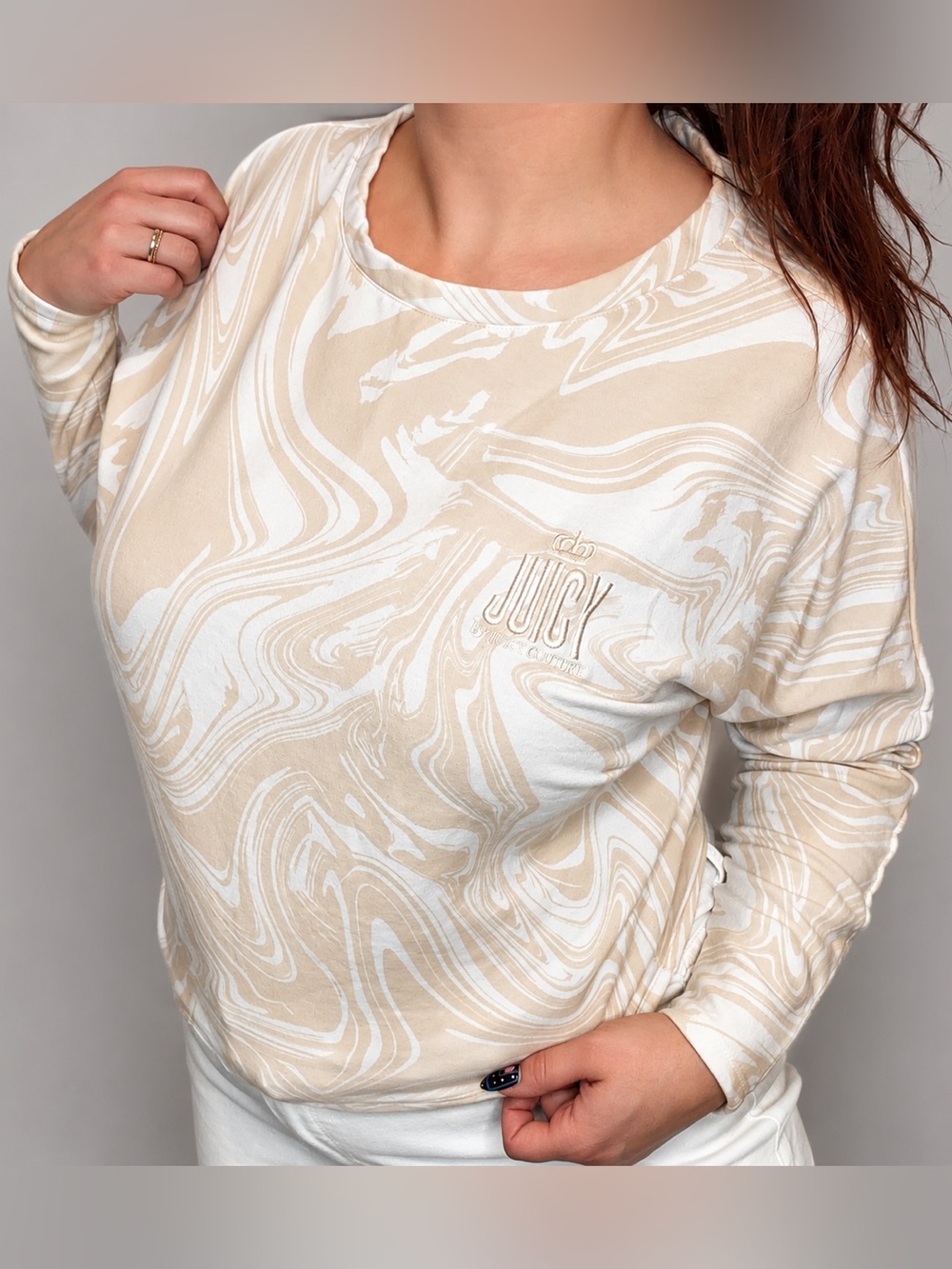 Y2K Juicy Couture Marble Swirl Logo Long Sleeve Cropped Sweatshirt Luxe Top M